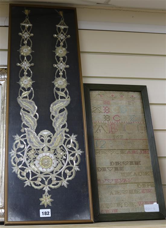 A framed sampler, label reads 1839 and a framed embroidered necklace